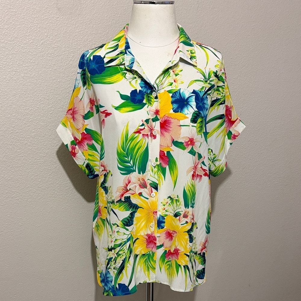 Tommy Bahama Tropical Floral Button Down Shirt 100% Silk Dolman Sleeve Hawaiian